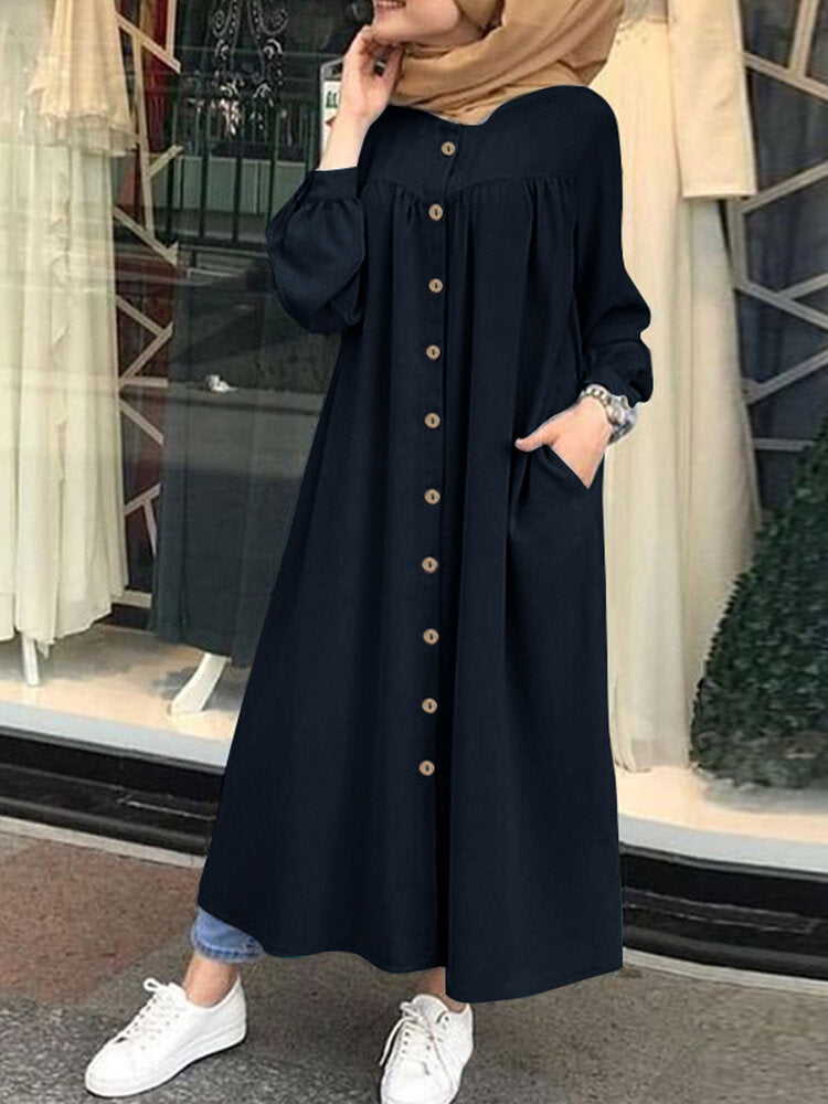 Solid Color Stand Collar Button Down Front Leisure Loose Pockets Women Maxi Dress Navy Maxi Dresses - Tophatter Daily Deals