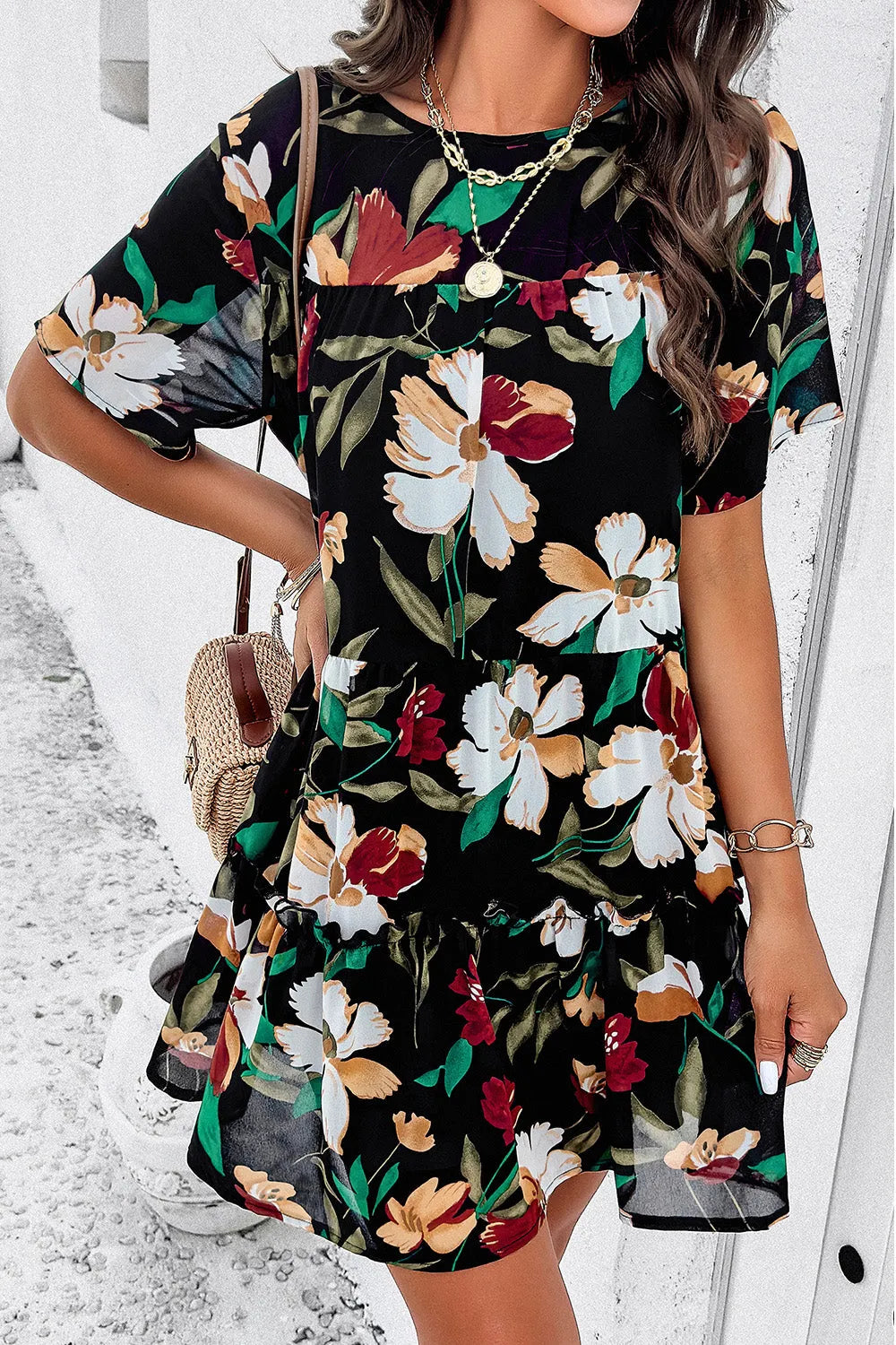 Printed Tiered Round Neck Mini Dress Casual Dresses - Tophatter Daily Deals