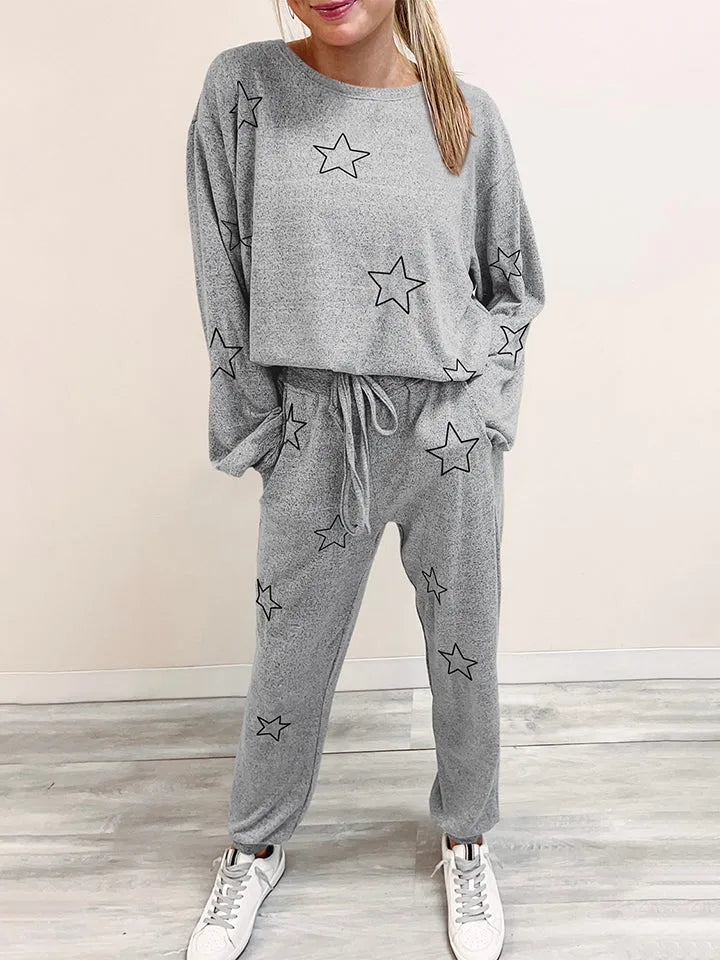 Star Print Long Sleeve Top and Pants Lounge Set Loungewear Sets - Tophatter Daily Deals