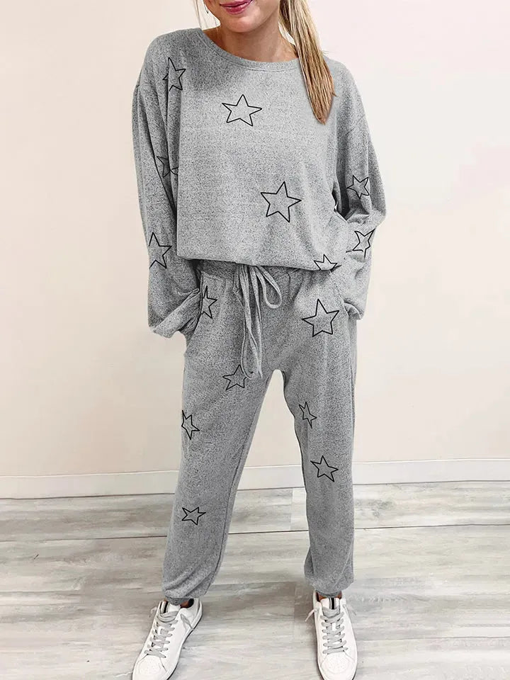 Star Print Long Sleeve Top and Pants Lounge Set Loungewear Sets - Tophatter Daily Deals