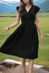 Tied Smocked Waist Flutter Sleeve Dress Black Casual Dresses - Tophatter Daily Deals