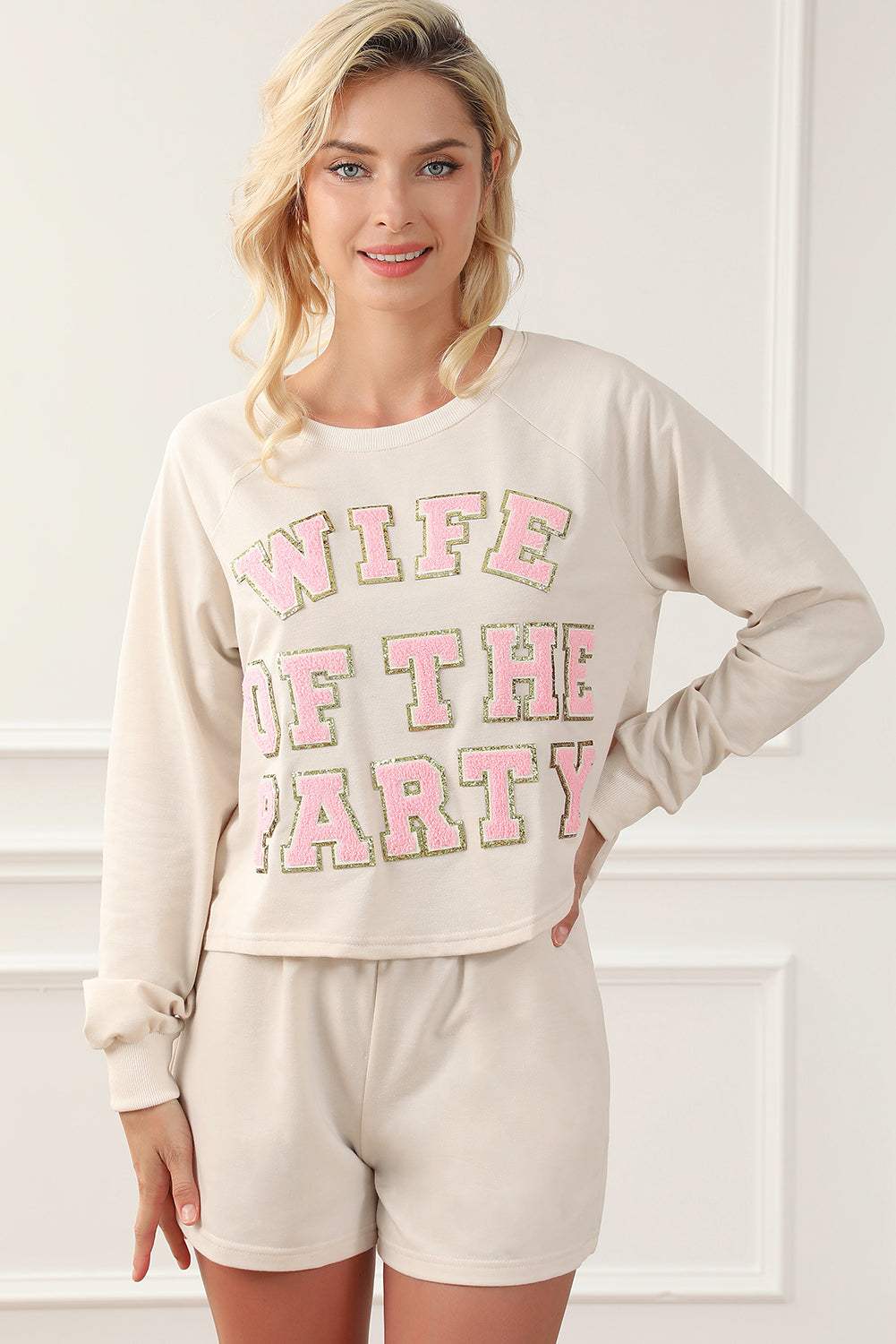 WIFE OF THE PARTY Round Neck Top and Shorts Lounge Set Loungewear Sets - Tophatter Daily Deals