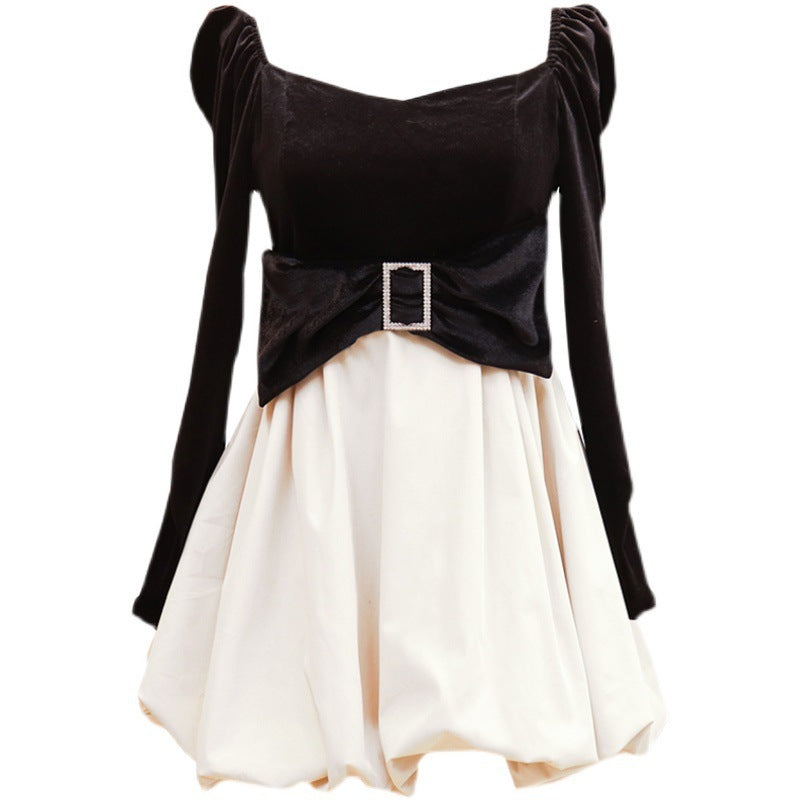 Back Puff Sleeve Stitching Gold Velvet Dress 0 - Tophatter Daily Deals