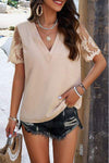 Embroidered V-Neck Short Sleeve T-Shirt Sand Women's T-Shirts - Tophatter Daily Deals