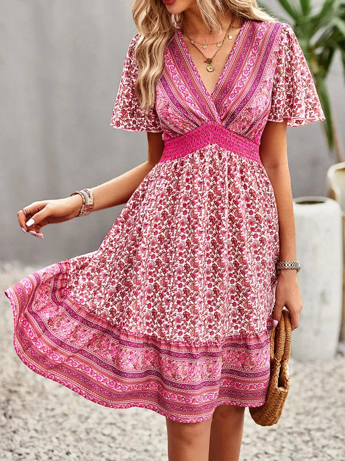 Floral Smocked Waist Short Sleeve Mini Dress Hot Pink Casual Dresses - Tophatter Daily Deals