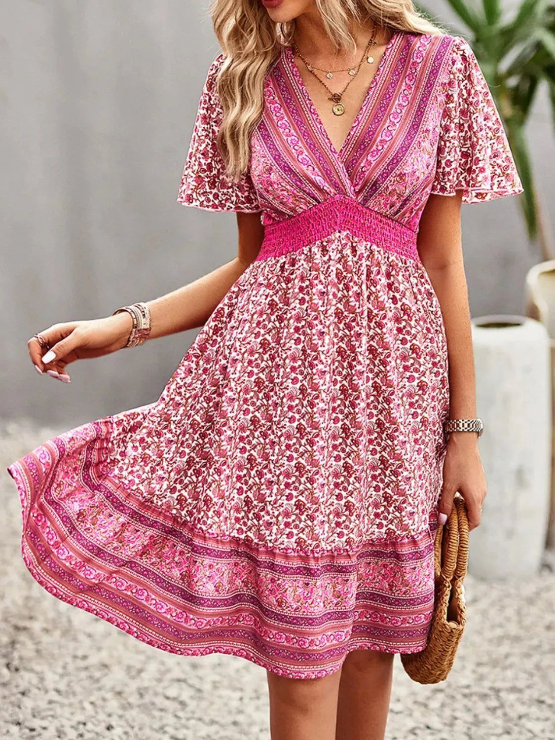 Floral Smocked Waist Short Sleeve Mini Dress Hot Pink Casual Dresses - Tophatter Daily Deals