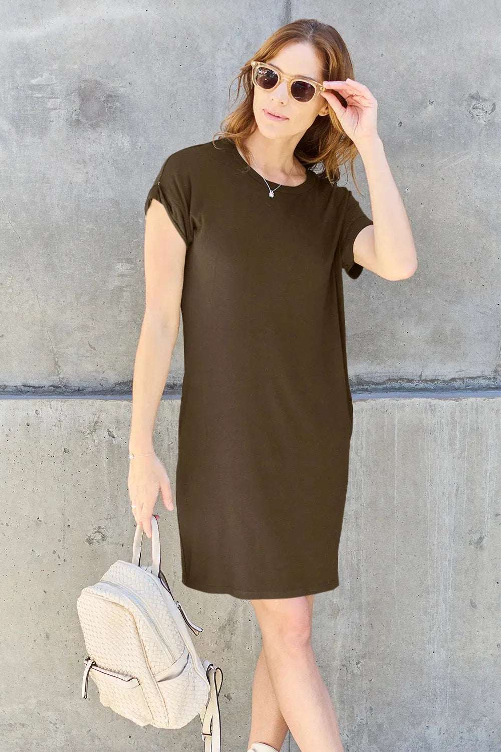 Basic Bae Full Size Round Neck Short Sleeve Dress with Pockets Mocha Casual Dresses - Tophatter Daily Deals