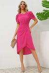 Slit Ruched Round Neck Puff Sleeve Dress Casual Dresses - Tophatter Daily Deals