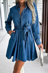 Tied Half Button Long Sleeve Denim Dress Dusty Blue Casual Dresses - Tophatter Daily Deals