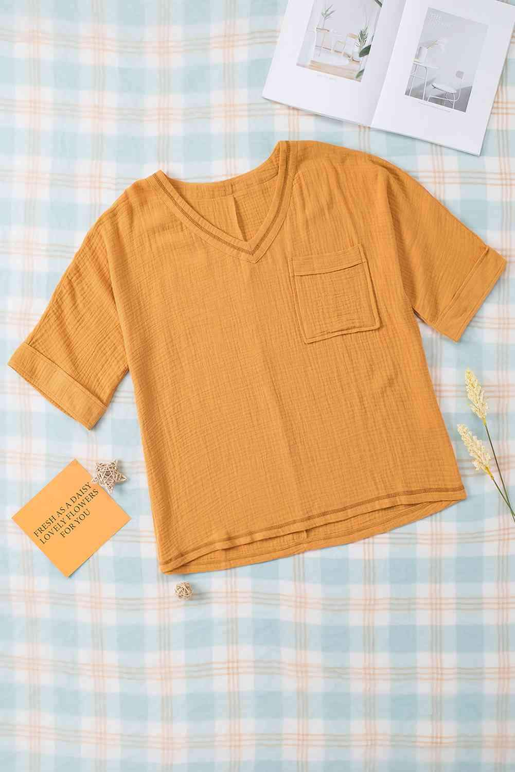 Textured V-Neck Half Sleeve Blouse Tangerine Blouses - Tophatter Daily Deals