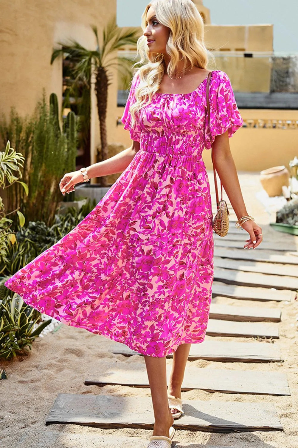 Floral Square Neck Tiered Midi Dress Casual Dresses - Tophatter Daily Deals