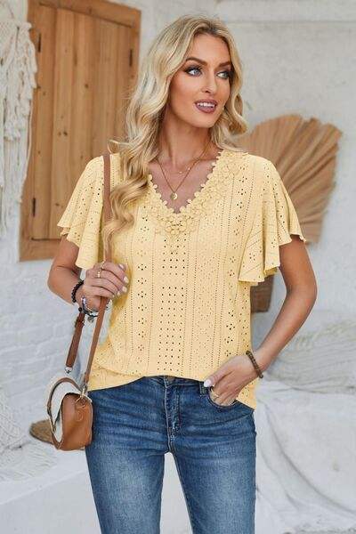 Eyelet Applique V-Neck Cap Sleeve T-Shirt True Yellow Women's T-Shirts - Tophatter Daily Deals