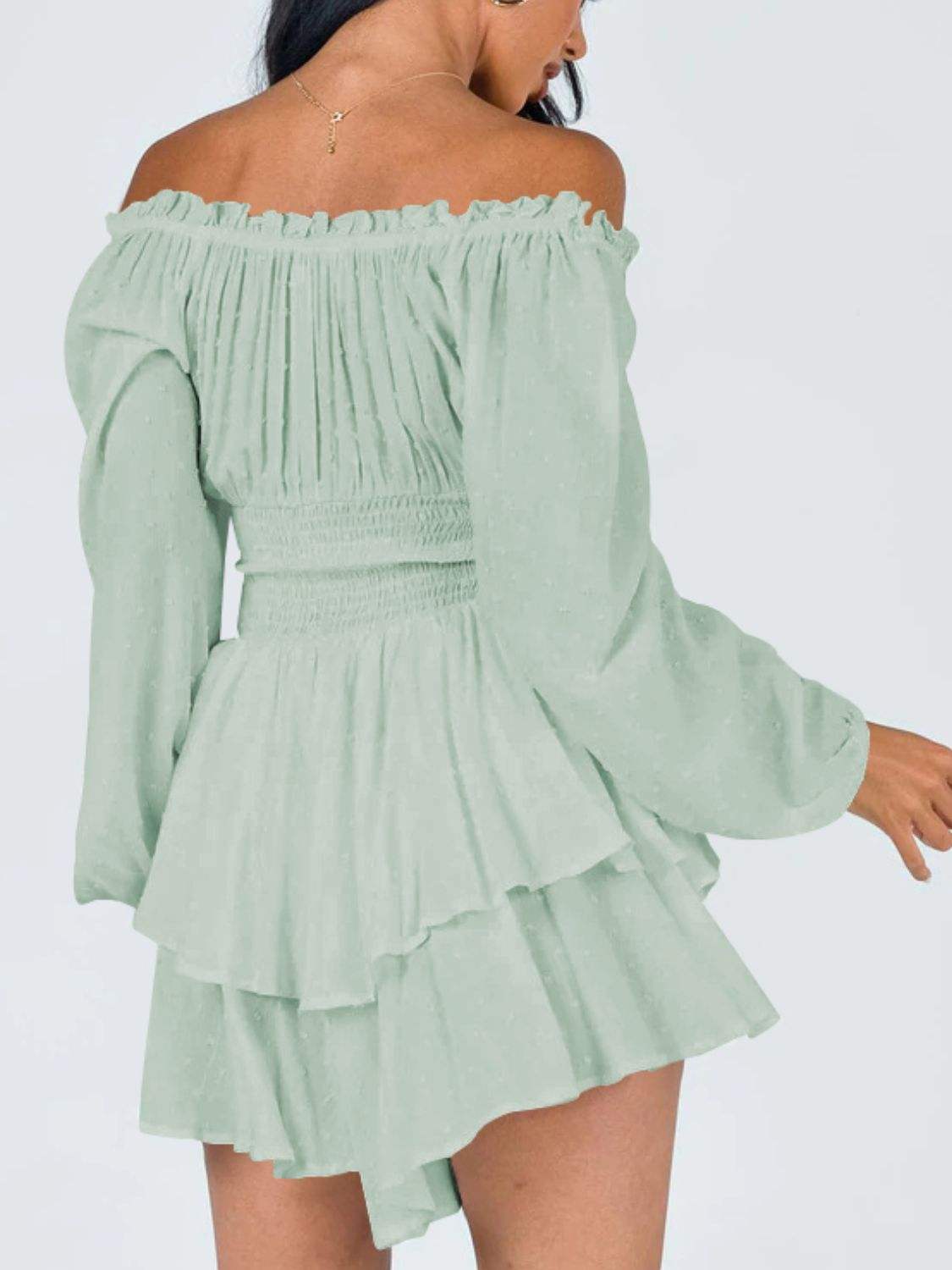 Off Shoulder Smocked Waist Romper Casual Dresses - Tophatter Daily Deals