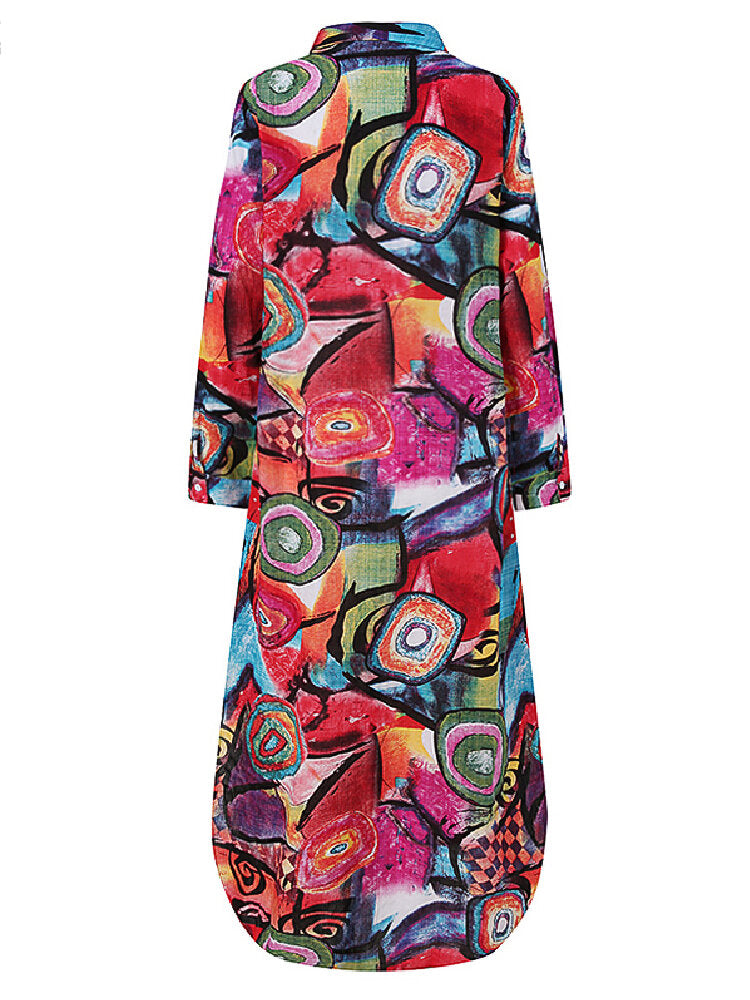 Vintage Geometry Print Lapel Long Sleeve Double Pocket Maxi Shirt Women Maxi Dress Maxi Dresses - Tophatter Daily Deals