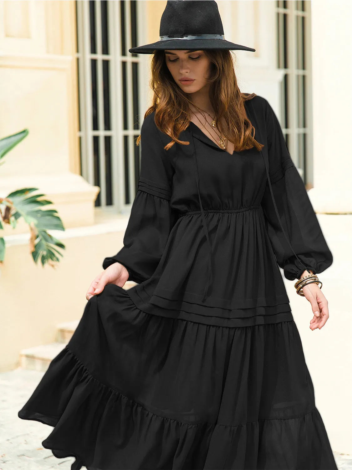 Tie Neck Long Sleeve Midi Tiered Dress Casual Dresses - Tophatter Daily Deals