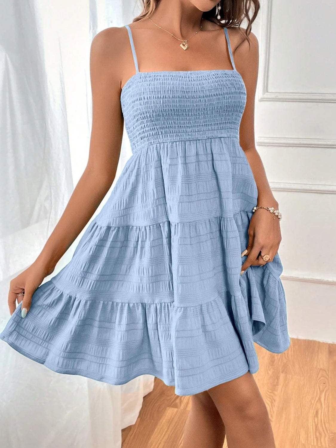 Smocked Tiered Sleeveless Mini Dress Misty Blue Casual Dresses - Tophatter Daily Deals