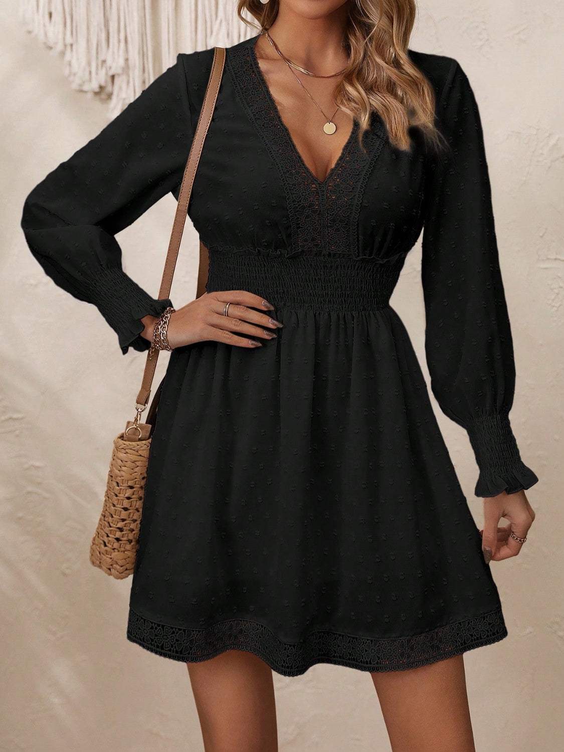 Lace Detail V-Neck Long Sleeve Dress Black Casual Dresses - Tophatter Daily Deals