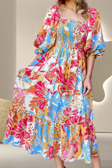 Smocked Printed Half Sleeve Midi Dress Strawberry Casual Dresses - Tophatter Daily Deals