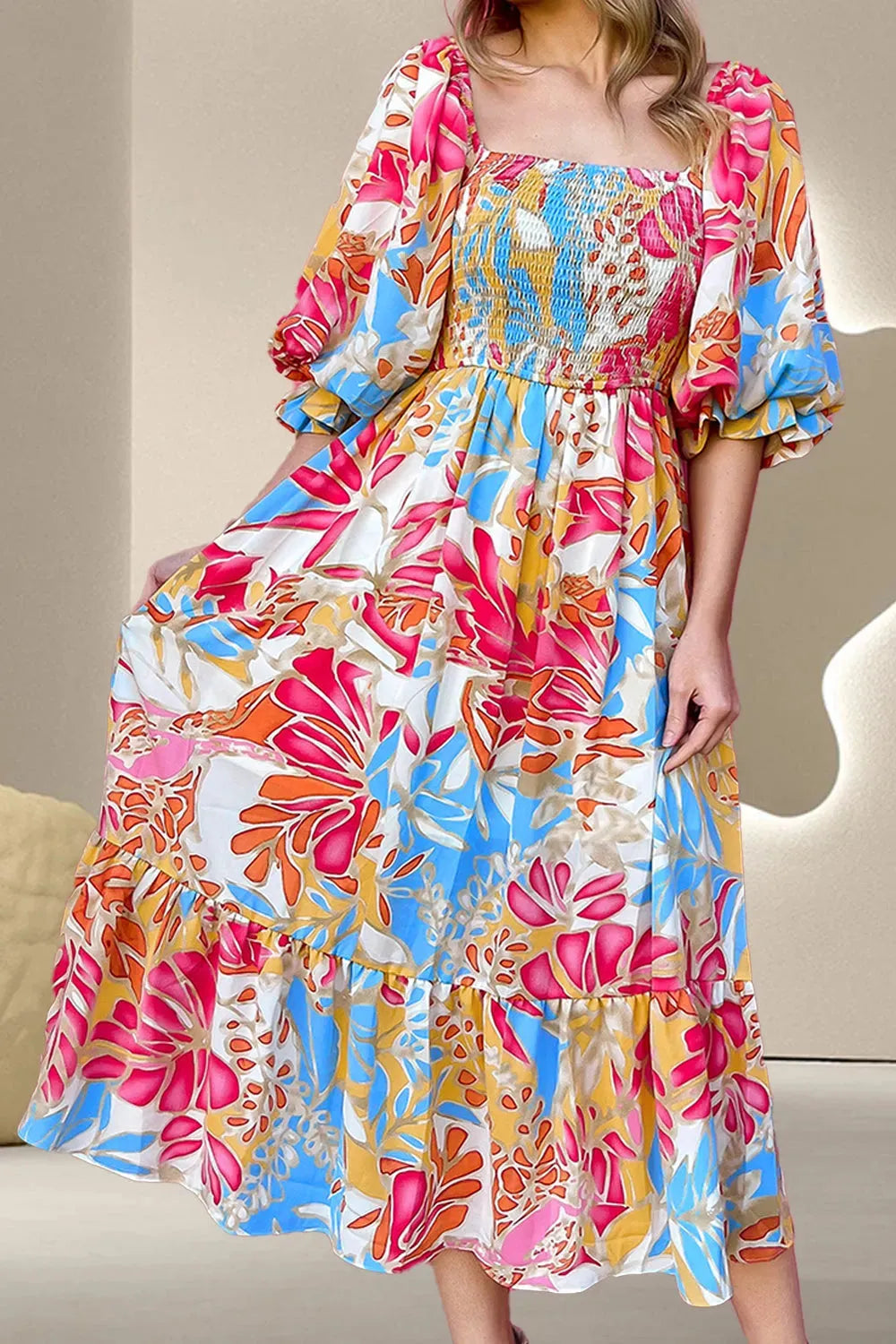 Smocked Printed Half Sleeve Midi Dress Strawberry Casual Dresses - Tophatter Daily Deals