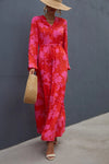 Floral Drawstring Waist Long Sleeve Dress Red Casual Dresses - Tophatter Daily Deals