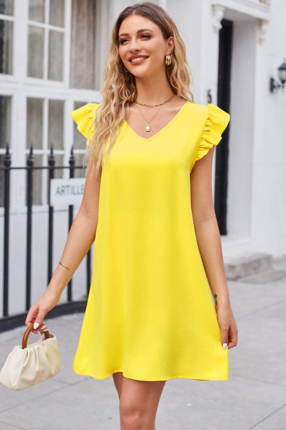 Ruffled V-Neck Flutter Sleeve Dress Canary Yellow Casual Dresses - Tophatter Daily Deals