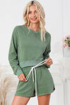 Round Neck Long Sleeve Top and Drawstring Shorts Lounge Set Loungewear Sets - Tophatter Daily Deals