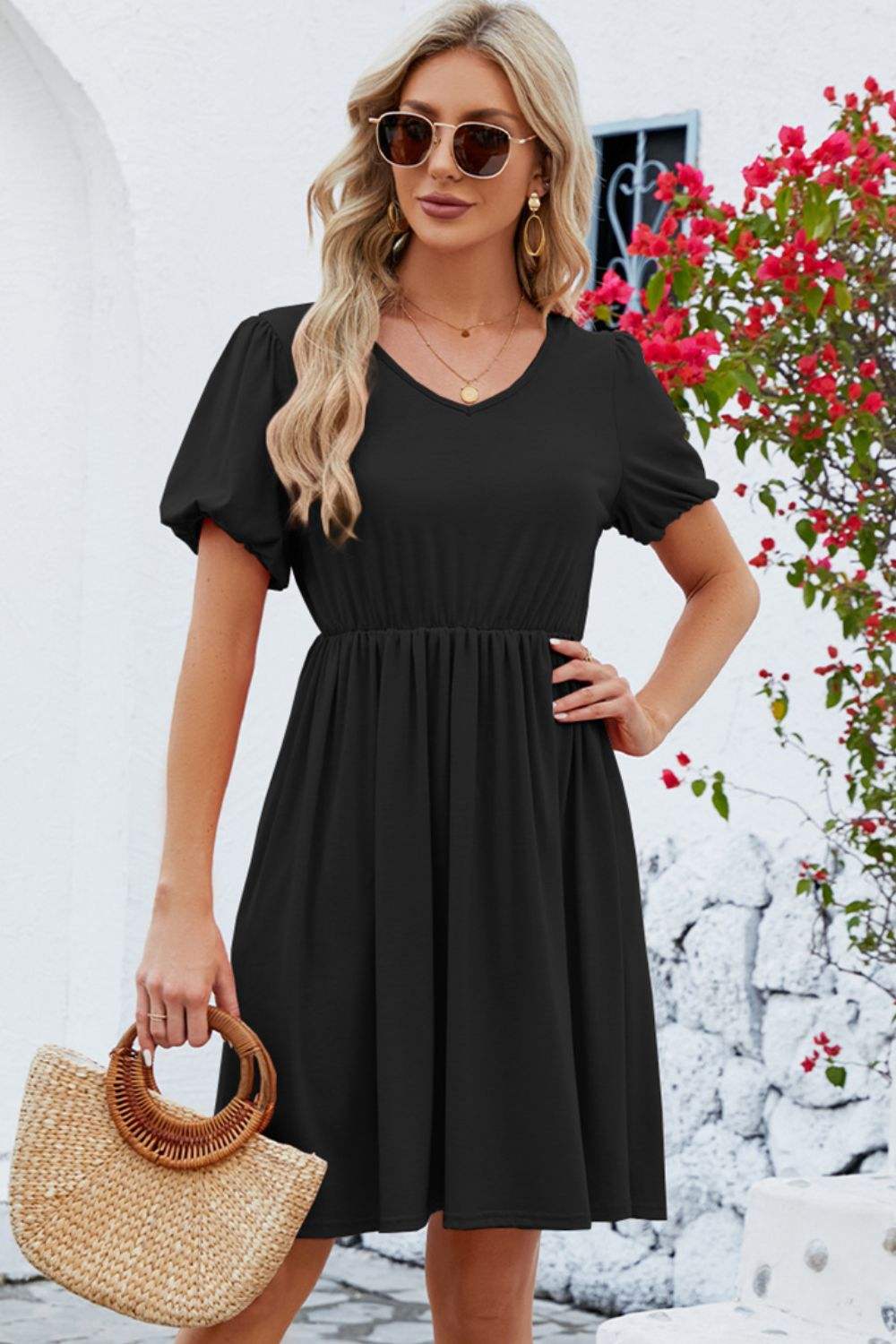 V-Neck Balloon Short Sleeve Dress Black Casual Dresses - Tophatter Daily Deals