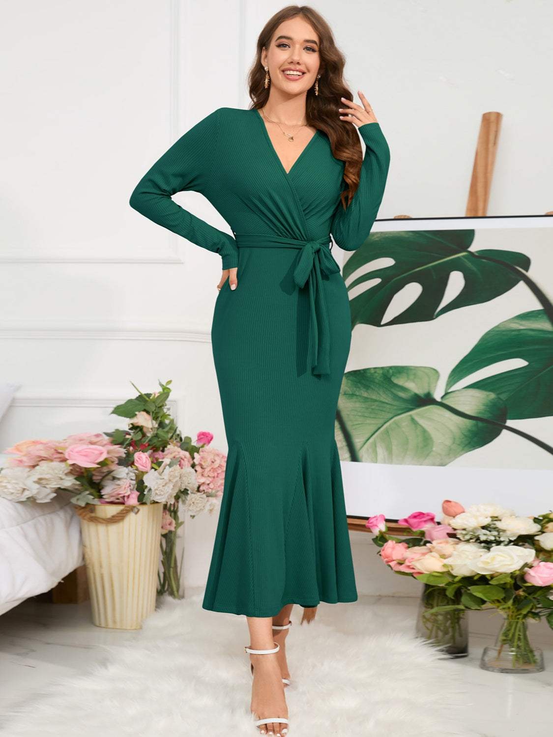 Surplice Neck Tie Waist Dress Green Casual Dresses - Tophatter Daily Deals