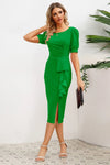 Slit Ruffled Puff Sleeve Midi Dress Mid Green Casual Dresses - Tophatter Daily Deals