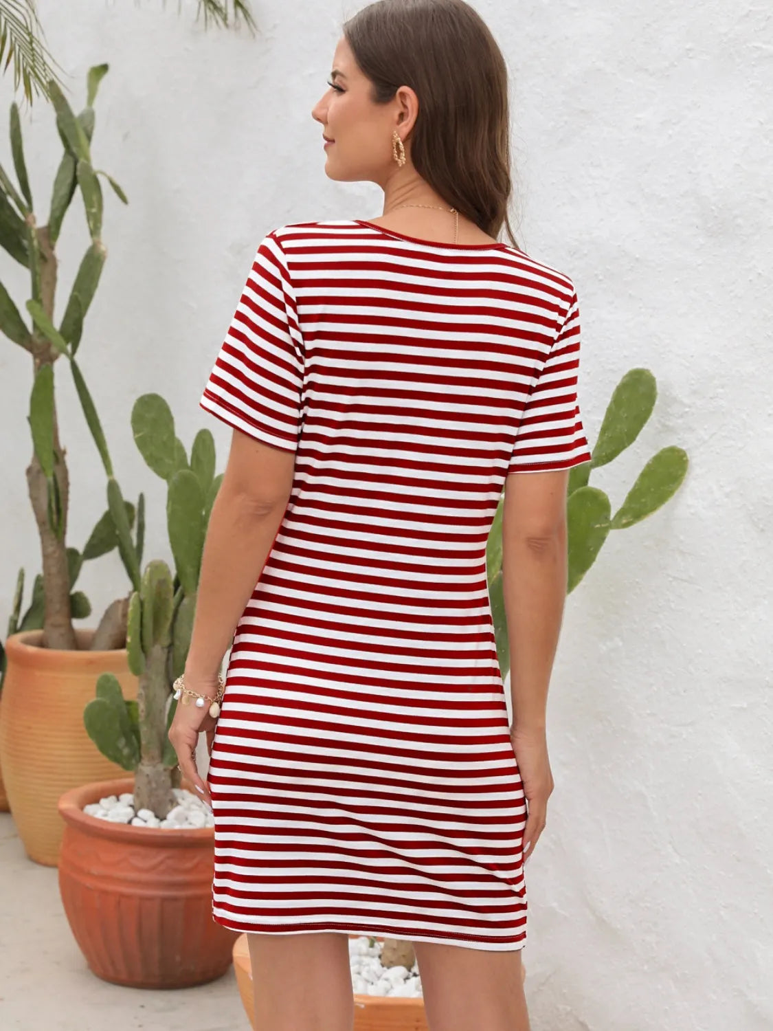 Cutout Striped Round Neck Short Sleeve Dress Casual Dresses - Tophatter Daily Deals