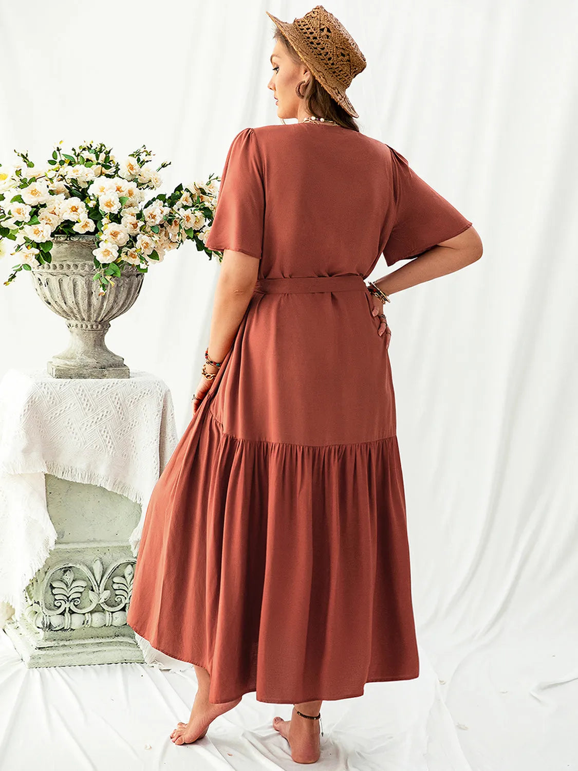 Plus Size V-Neck Flutter Sleeve Midi Dress Casual Dresses - Tophatter Daily Deals