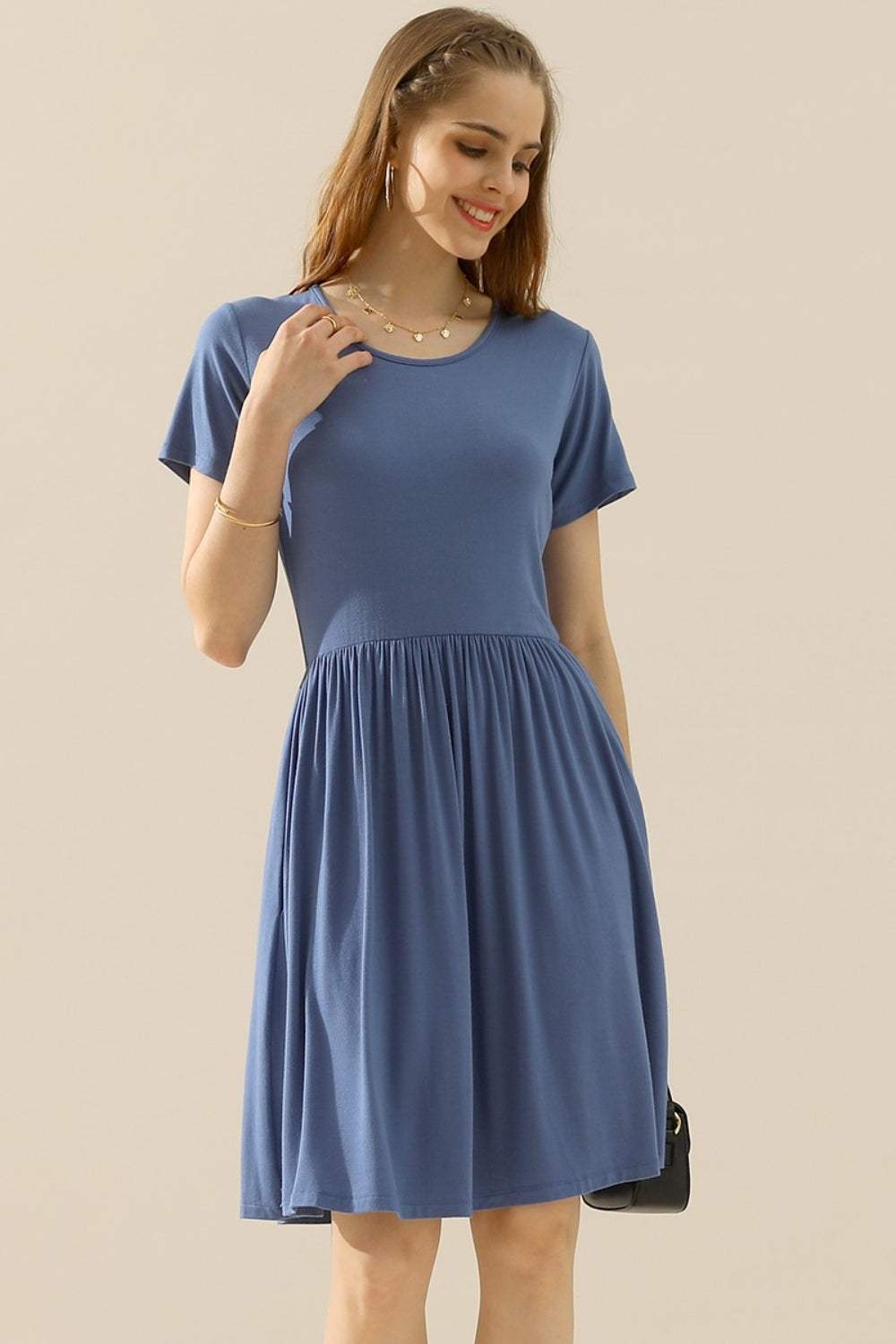 Ninexis Full Size Round Neck Ruched Dress with Pockets DENIMBLUE Cocktail Dresses - Tophatter Daily Deals