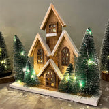 LED Wooden Christmas House with Bottle Brush Trees | Light Up Ornament - 30cm LED Light - Tophatter Daily Deals
