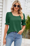 Smocked Square Neck Short Sleeve T-Shirt Green Women's T-Shirts - Tophatter Daily Deals