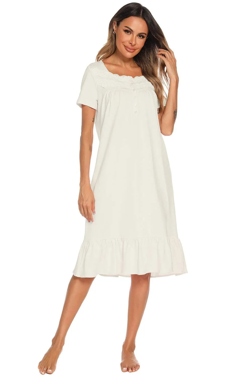 Lace Detail Square Neck Lounge Dress Sleep Dresses - Tophatter Daily Deals