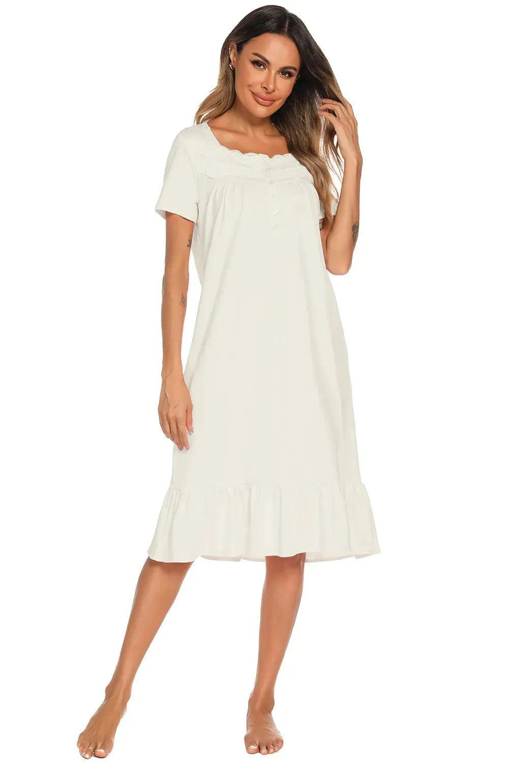 Lace Detail Square Neck Lounge Dress Sleep Dresses - Tophatter Daily Deals
