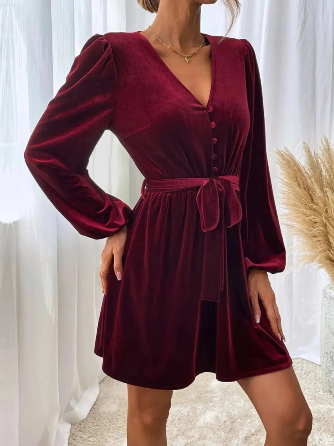 V-Neck Tie Waist Mini Dress Cocktail Dresses - Tophatter Daily Deals