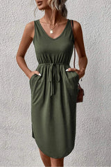 V-Neck Curved Hem Sleeveless Dress Army Green Casual Dresses - Tophatter Daily Deals