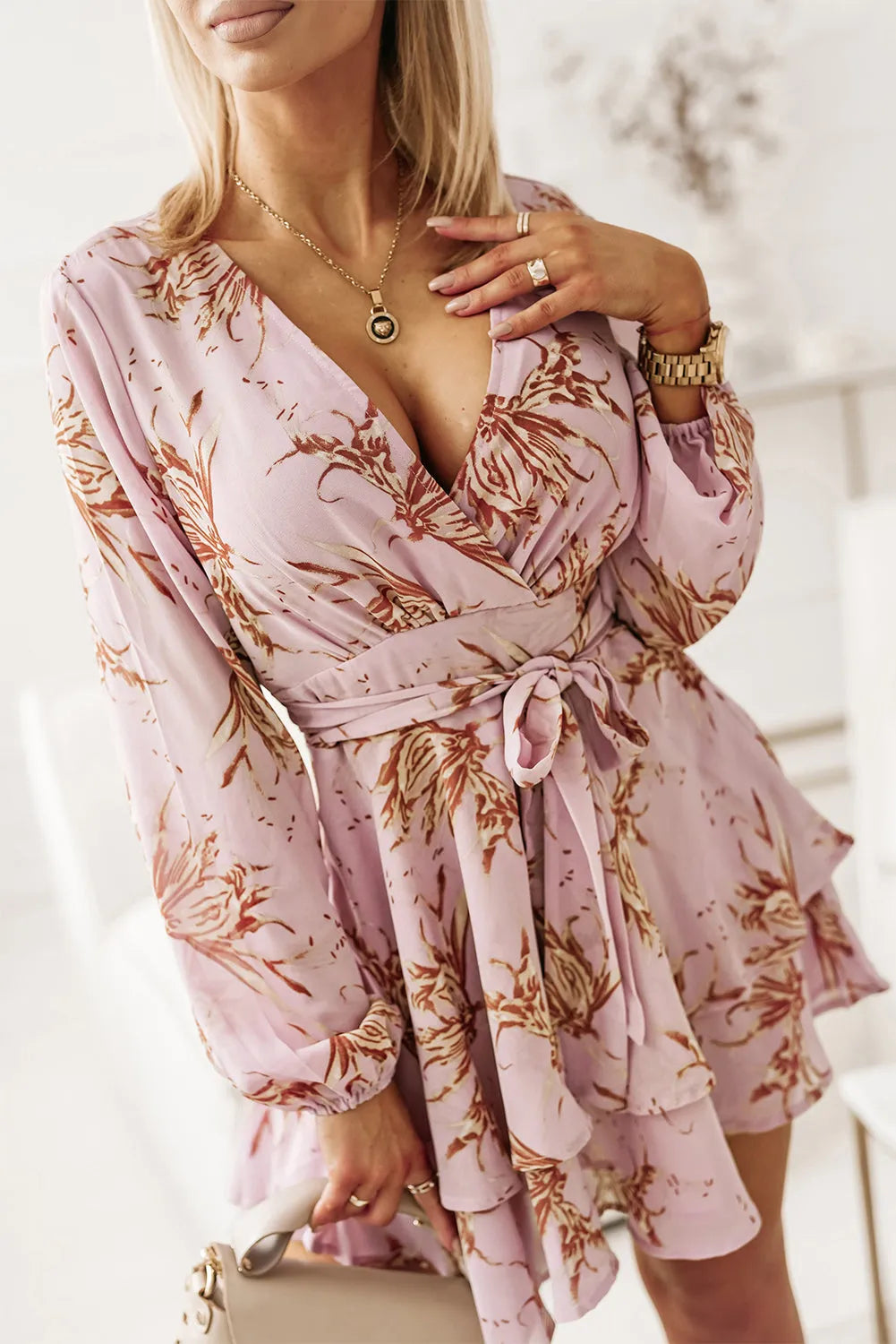 Printed Surplice Balloon Sleeve Mini Dress Lilac Casual Dresses - Tophatter Daily Deals