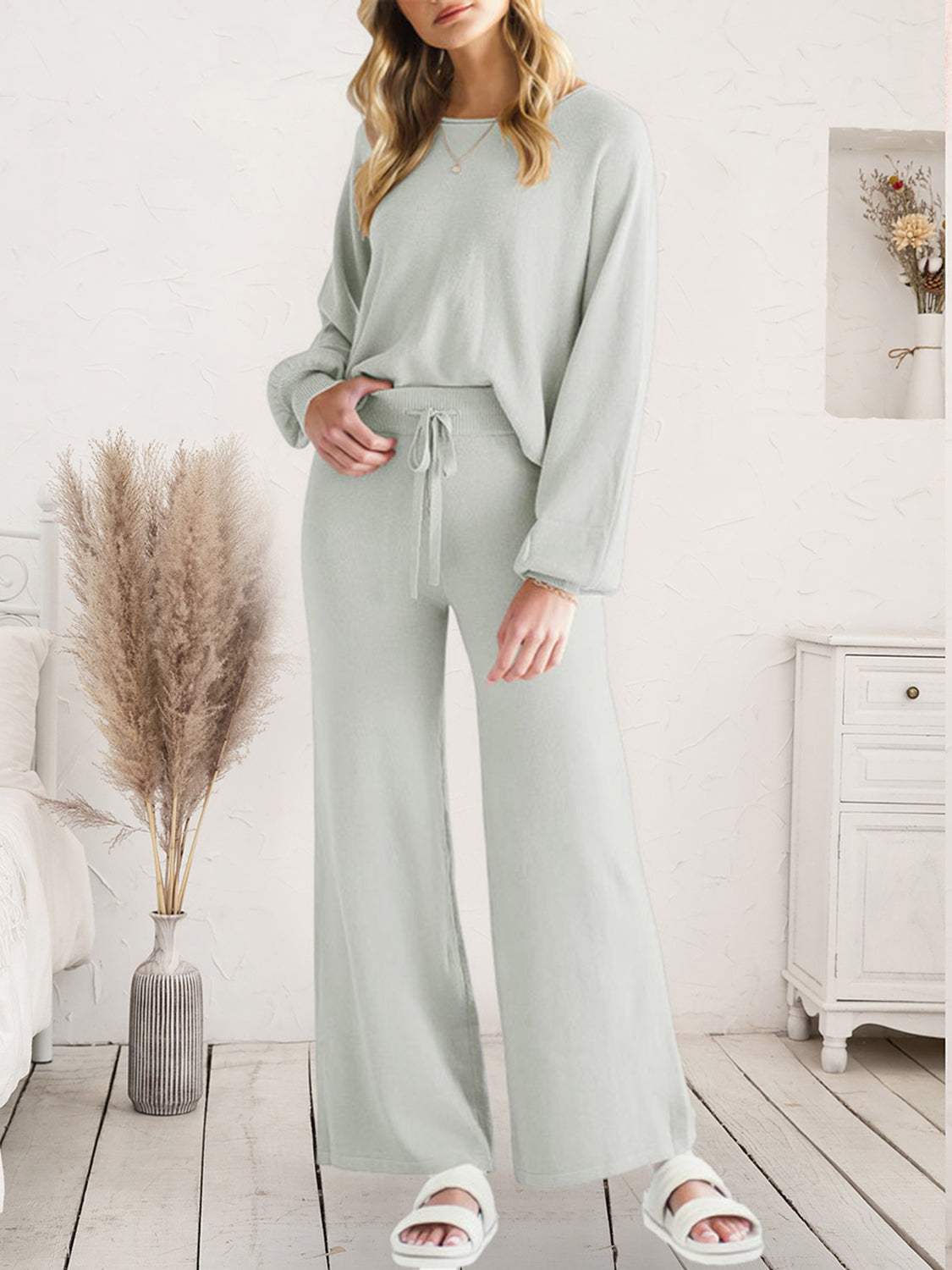 Long Sleeve Lounge Top and Drawstring Pants Set Light Gray Loungewear Sets - Tophatter Daily Deals