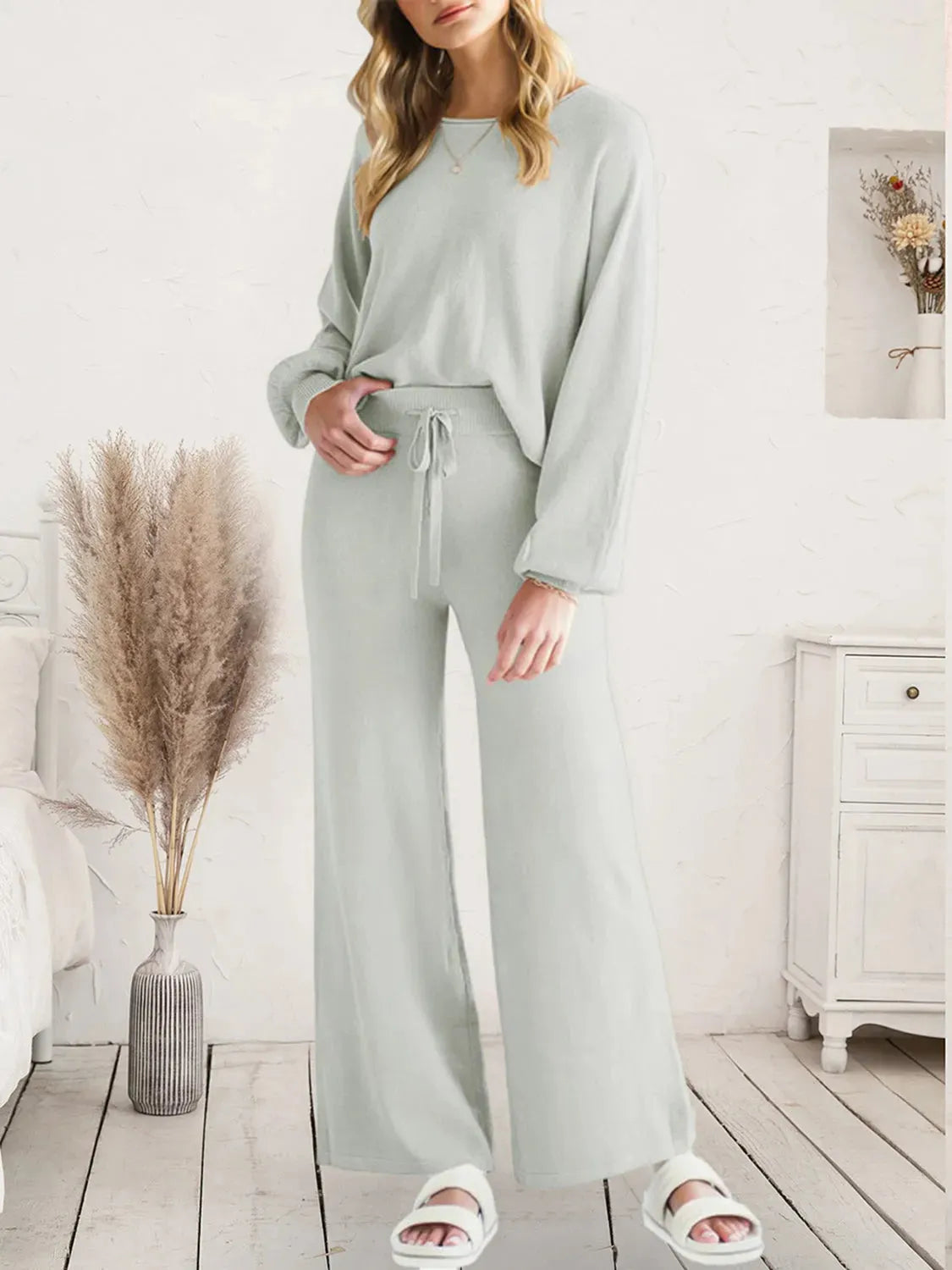 Long Sleeve Lounge Top and Drawstring Pants Set Loungewear Sets - Tophatter Daily Deals