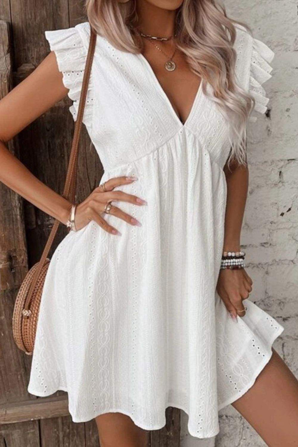 Eyelet Ruffled Cap Sleeve Mini Dress White Casual Dresses - Tophatter Daily Deals