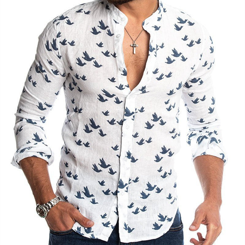 3D printed linen colorblock stand collar shirt 0 - Tophatter Daily Deals