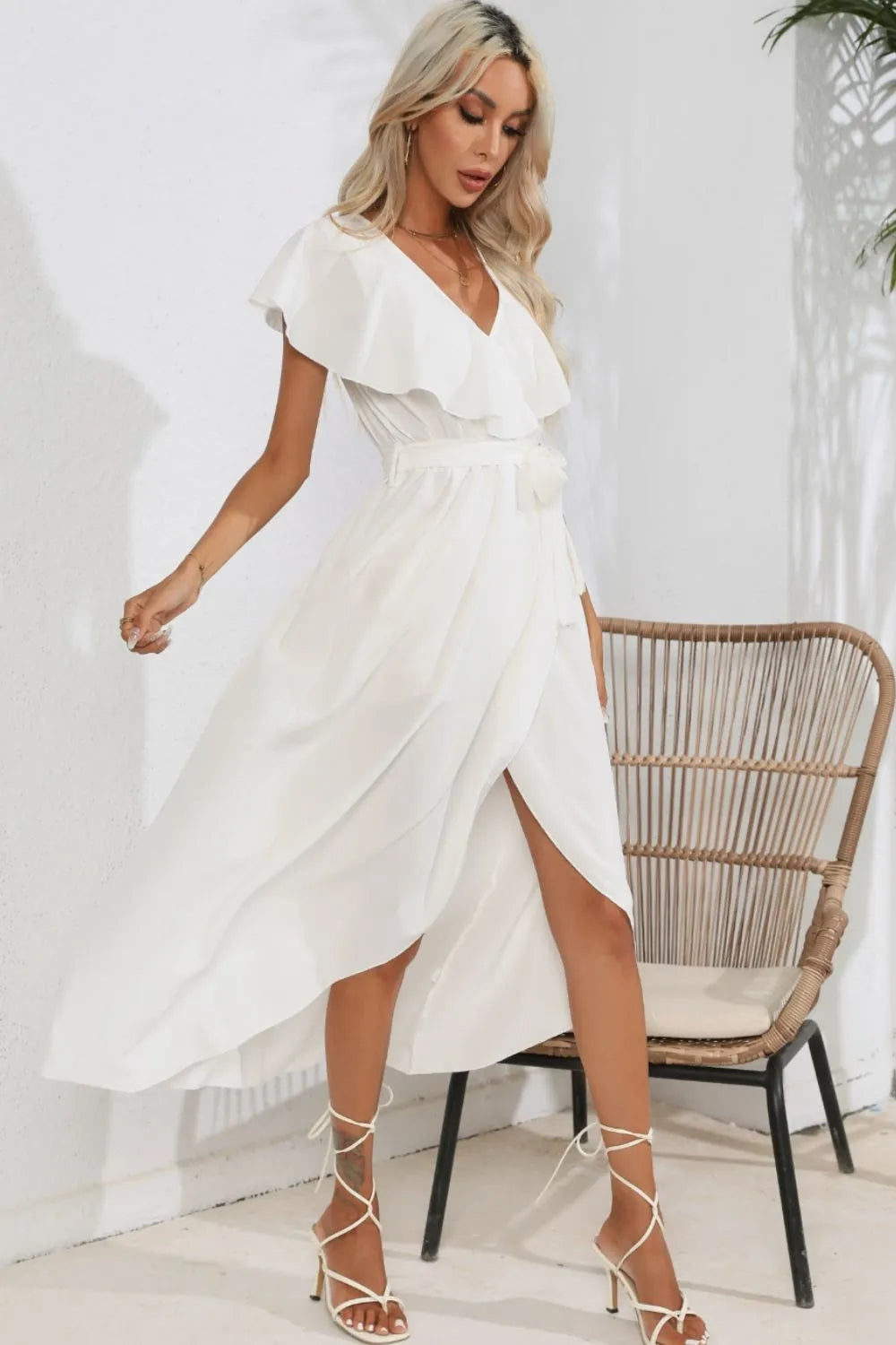 Ruffled Tied V-Neck Midi Dress Casual Dresses - Tophatter Daily Deals