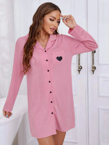 Heart Graphic Lapel Collar Long Sleeve Night Dress Sleep Dresses - Tophatter Daily Deals