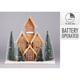 LED Wooden Christmas House with Bottle Brush Trees | Light Up Ornament - 30cm LED Light - Tophatter Daily Deals