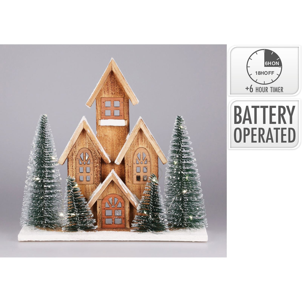 LED Wooden Christmas House with Bottle Brush Trees | Light Up Ornament - 30cm LED Light - Tophatter Daily Deals