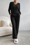 Ribbed V-Neck Top and Pants Lounge Set Loungewear Sets - Tophatter Daily Deals