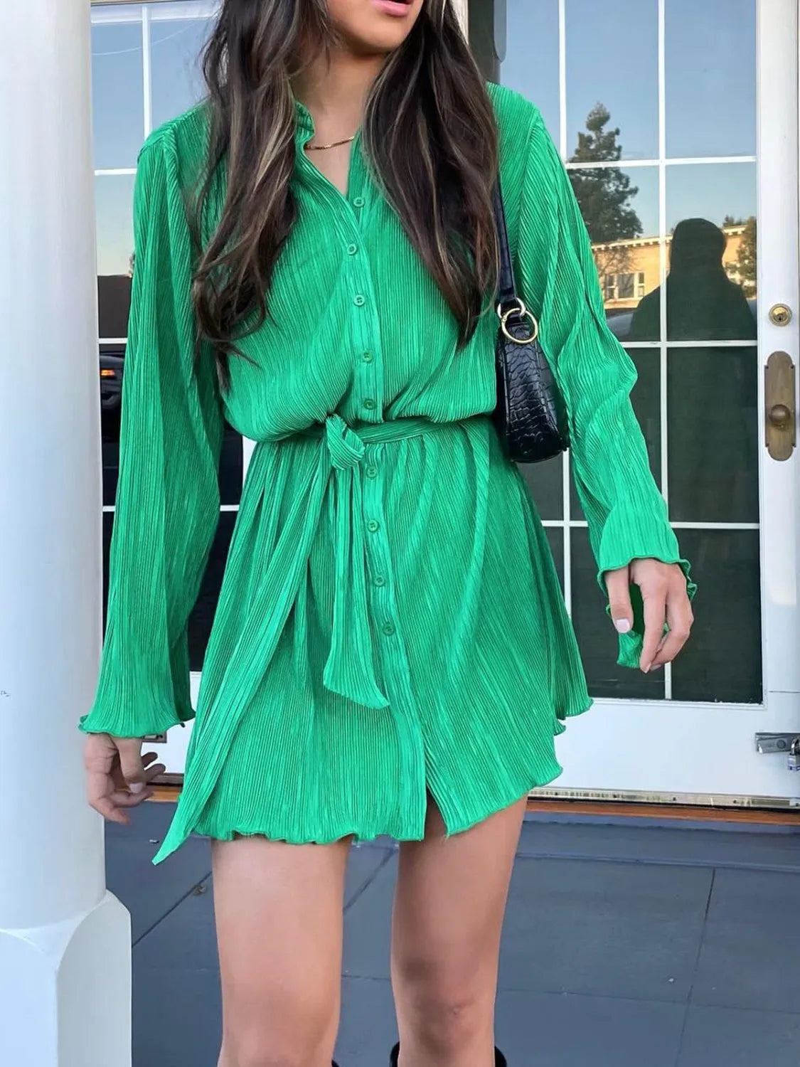 Tied Button Up Long Sleeve Dress Green Casual Dresses - Tophatter Daily Deals