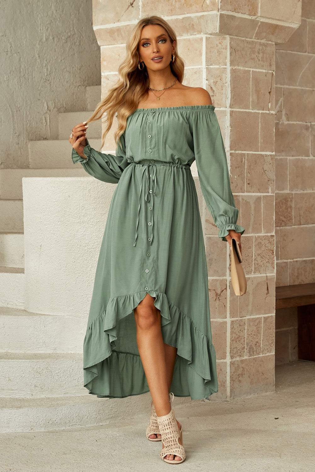 Drawstring Off-Shoulder Flounce Sleeve Dress Casual Dresses - Tophatter Daily Deals